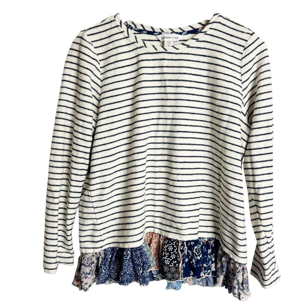 Coldwater Creek strip Knit top mixed-media floral patchwork ruffle hem Art Wear